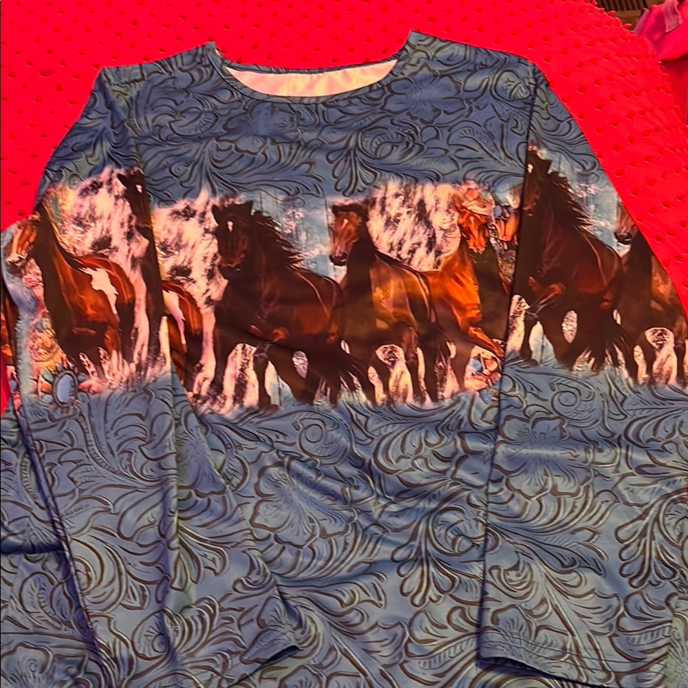 Blue and Brown Long Sleeve Tee with Horse Print